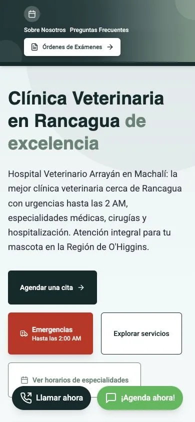 Mobile view of the Hospital Veterinario Arrayán website with appointment and call actions