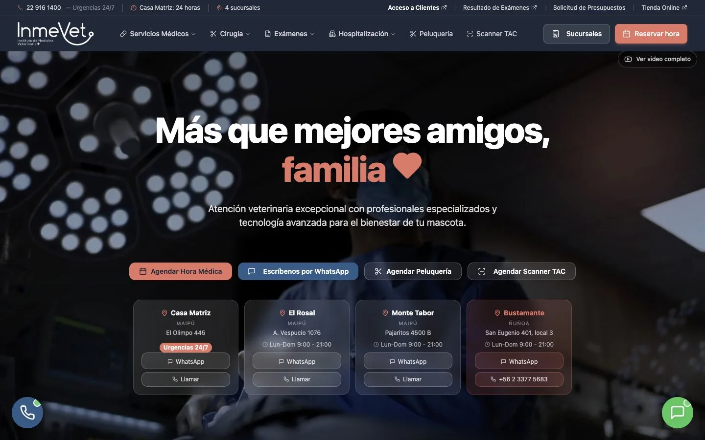 Desktop view of the Inmevet veterinary website with location, booking and contact paths