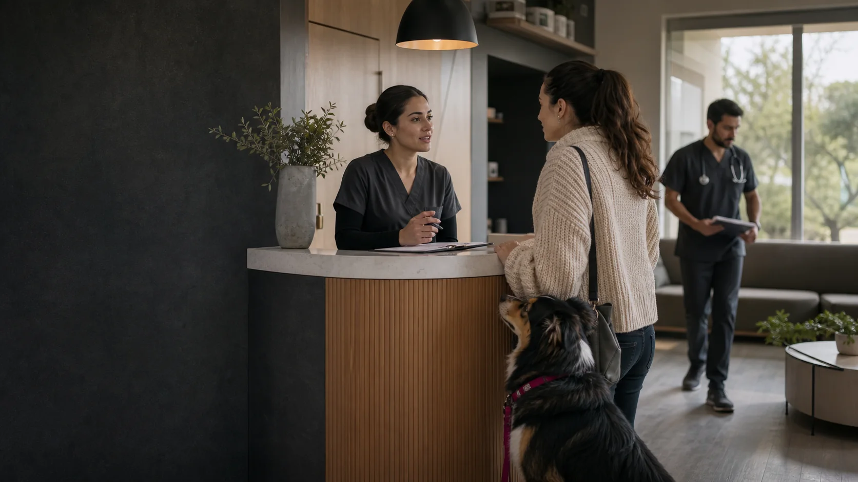Veterinary reception team speaking with a pet owner