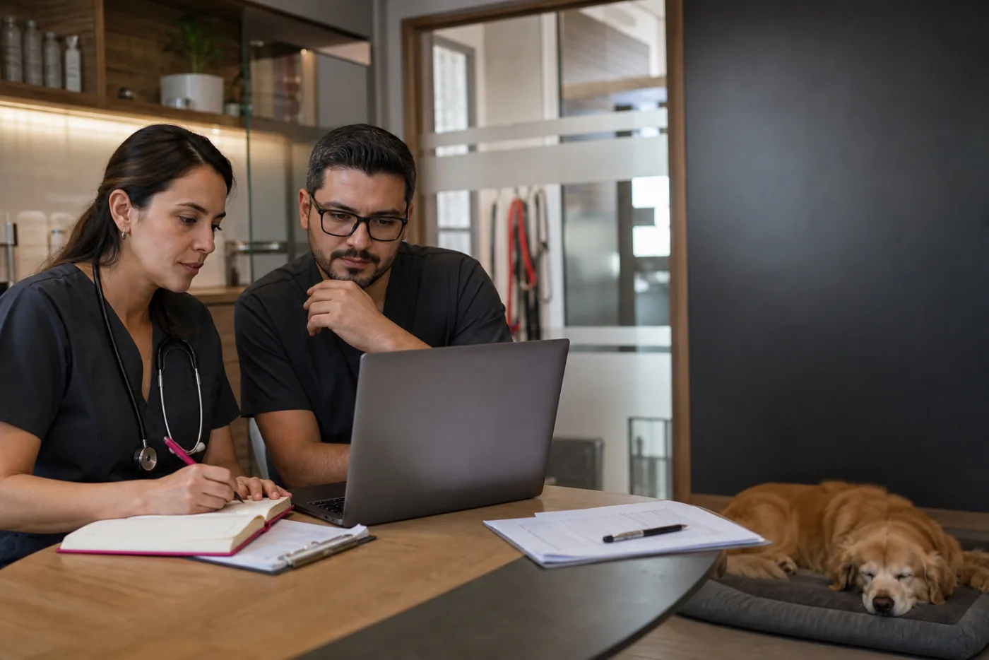 Equipo veterinario revisando información operativa